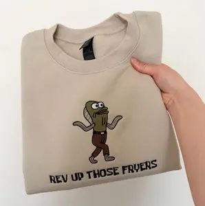 Rev Up Those Fryers Embroidered Sweatshirt, Meme-Inspired Spongebob Quote Gift, Embroidered tshirt, Christmas Embroidered Sweatshirt, Made in US