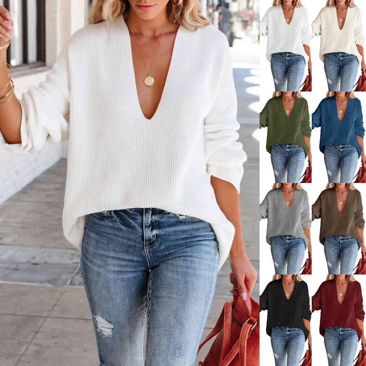 Goranbon Womens Oversized Deep V Neck Sweaters Sexy Long Sleeve Tunic Sweater Knitted Dressy Pullover Jumper