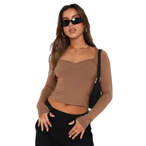 Womenswear Basic Slim Top Plain Ruched Split Sweetheart Neck Crop Tee, Casual Long Sleeve T-shirt for Daily Wear Fit Outfits Cute Fashion Elastic Soft Minimalist Tshirts thermal long sleeve compression shirts men compression shirts