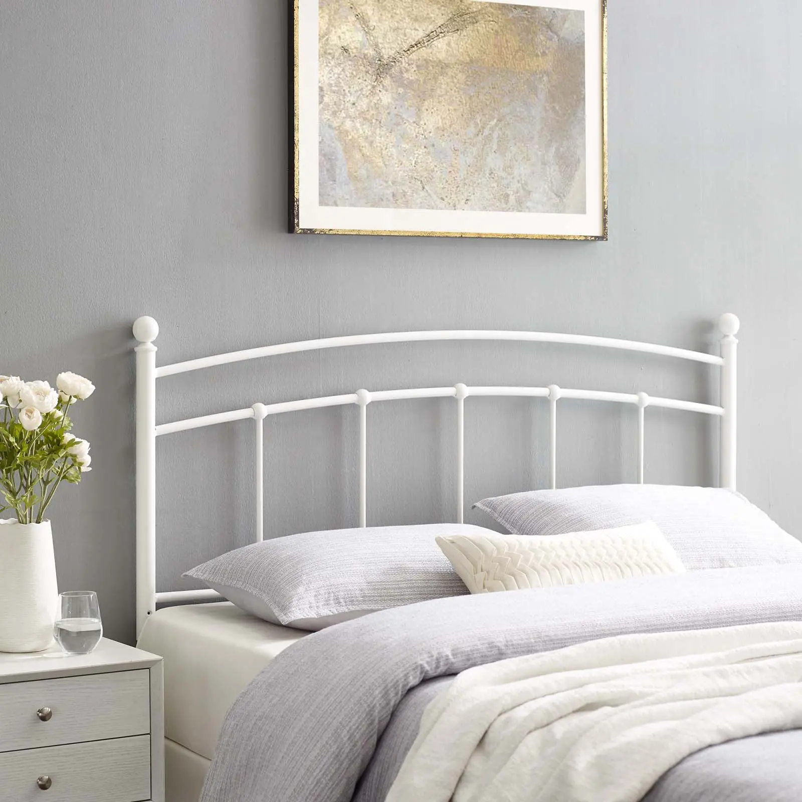 Modway Abigail Full-Size Metallic Spindle Headboard - Vintage Arched Design, Neutral White Durable Powdercoated Height-Adjustable Indoor Bed Frame Furniture