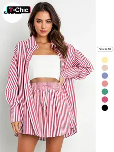 Women's Casual Striped Shirt and Pants Set, Long Sleeve Button Front Top, Split Thigh Design, Summer, Fashionable Two-Piece Clothing, Blouse Shorts Set