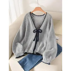 Women's Tie Front Open Front Colorblock V Neck Knit Cardigan Sweater, Casual Loose Fit Long Sleeve Cardigan for Fall & Winter, Women's Knitwear for Daily Wear, Women's Fall Outfit, Winter Sweater for Women