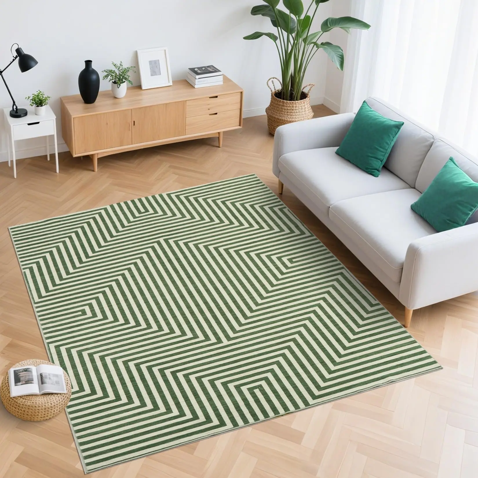Garvee Washable Rugs for Living Room 5x7 Modern Striped Floor Mats, Non-Slip Contemporary Accent Rug, Non Shedding Low Pile Indoor Carpet, Easy Cleaning, for Bedroom, Nursery, Office, Green