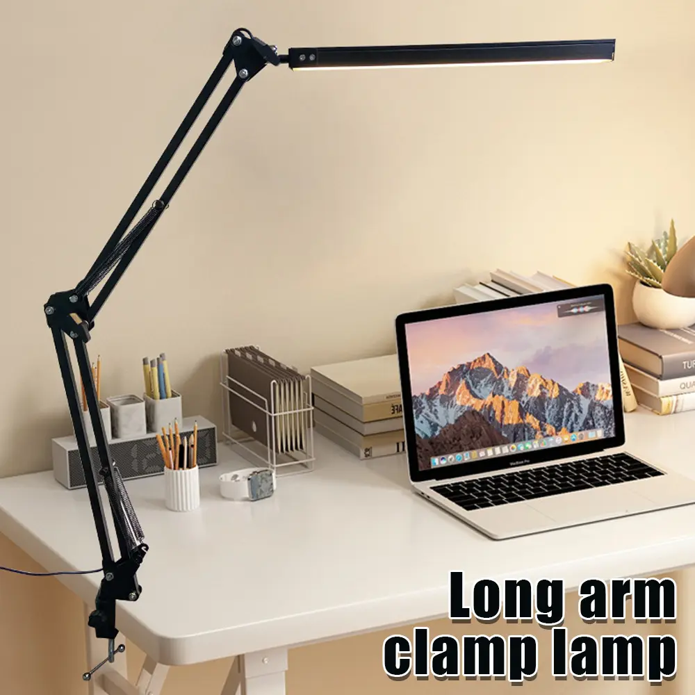 Modern Clip-On LED Desk Lamp - Adjustable Polycarbonate & Metal Reading Light Lamp with Bases & Shades, 3 Color Modes, 10 Levels Brightness, Flexible Gooseneck, Dimmable USB Power, 38x38x32cm Swing-Arm Aim, Home Office Indoor Accessory