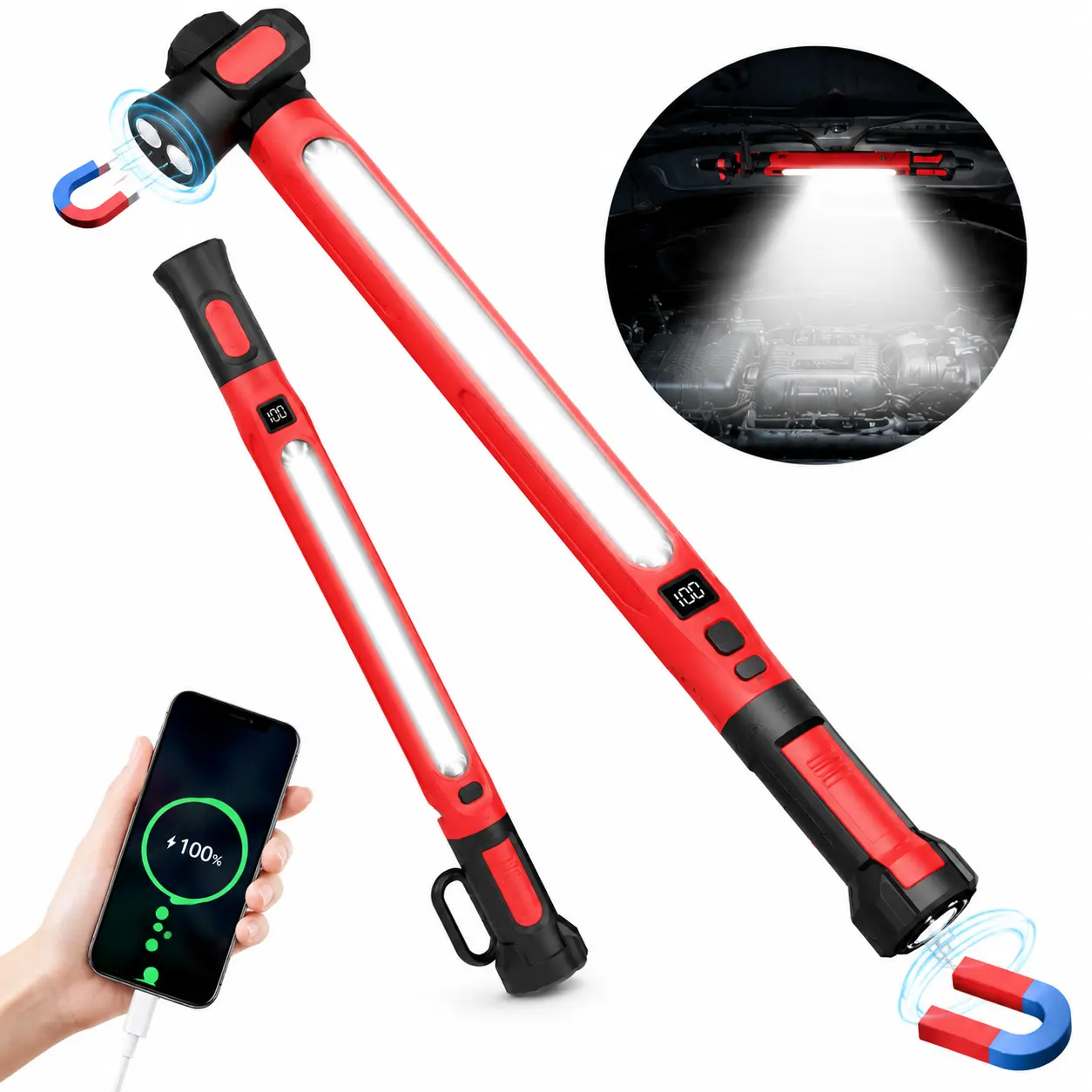 3000LM Rechargeable Under Hood Work Light, 5200mAh Cordless LED Mechanic Light with Magnetic Base & Hooks for Car Repair, Garage, Workshop & Emergency Use