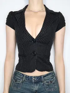 Women's Striped Blazer Style Casual Button Collared Short Sleeve Top, Slim-Fitting Knitted Fabric Design, Casual Daily Wear Essential, Casual Business Top