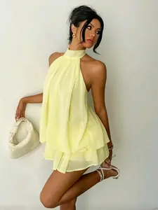 Women's Elegant Cream Chiffon Lightweight Halter Mini Dress, Party Wear, Summer Vacation, Wedding Guest Gown, Birthday Dress Sy1009