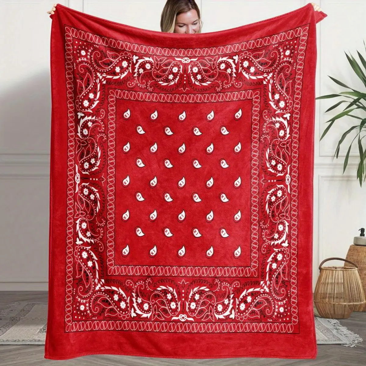 1-Piece Boho Flannel Fabric Blanket - Red and White Traditional Paisley Print, Hearts & Stars, All-Season Warmth, Machine-Washable, Customizable Option, Suitable for Sofa/Bed, Room Decor, House Decor, Boho Bedding Gift