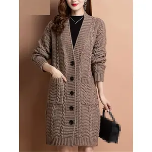 Women's Acrylic Knit Cardigan Coat - V-Neck Long Sleeve Solid Color Sweater with Pockets, Loose Fit H-Line Spring/Autumn Outerwear, No Belt - D41