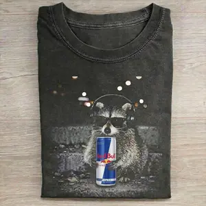 [ Sale Up To 40%] Comfort Colors Vintage Raccoon Red Bull Graphic Tee, Retro Unhinged Animal Energy Drink Shirt