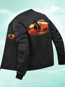 Men's Western Cowboy Flight Jacket, Long Sleeve, Denim Silhouette Print, Full Zip Closure, Fitted Polyester Blend, Casual Outdoor Coat
