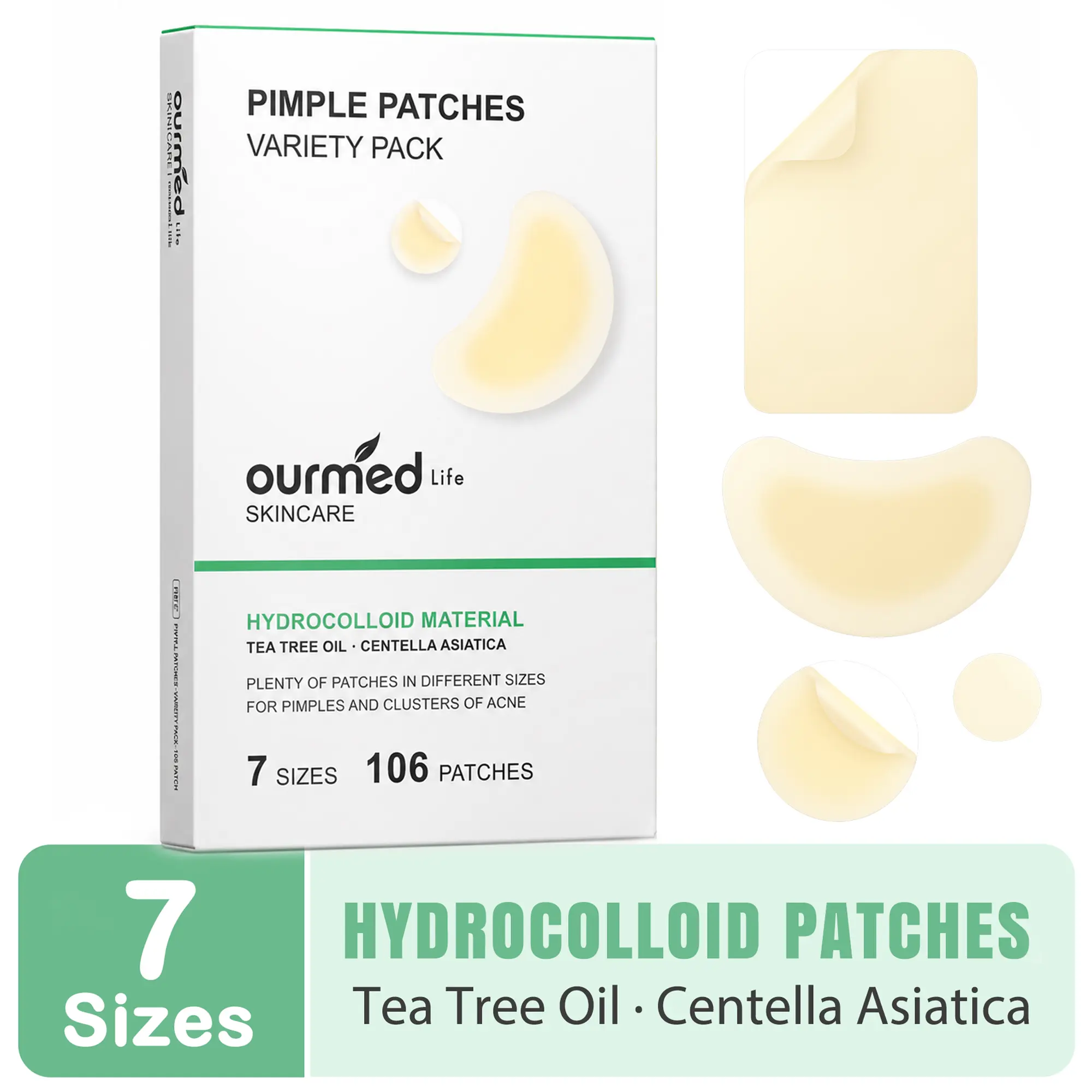 Ourmed Life Large Hydrocolloid Acne Patches with Tea Tree Oil,Centella & Salicylic Acidfor Face Body & Acne Clusters 106Ct 7 Sizes Pimple Patches Variety Pack Sensitive 212Ct, Acne Clearing Products, Centella Asiatica Extract | summer