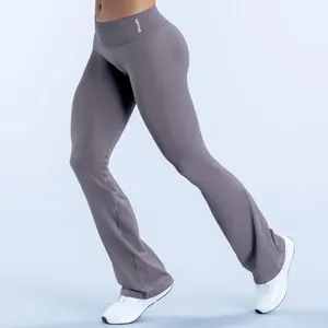 with logo | dfyne High Waisted Flare Yoga Pants for Women Butt Lifting Tummy Control Stretch Workout Leggings