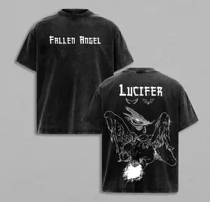 valentine shirts Lucifer Fallen Angel Double Printed Vintage Washed Tee, Unisex Oversized Heavyweight Cotton T-shirt for Dark Art Fans Dark Aesthetic Christina Merch God Punishes Lucifer