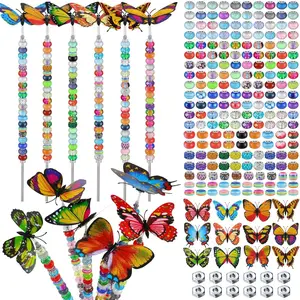 236 count Garden Stake DIY Fairy Wand  Stake with 12 Colorful  Stopper Top 12 Threaded Rod with 200 Large Hole Bead for Spring Summer Holiday Outdoor Decorations(Butterfly)