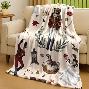 Vintage Nutcracker Ballet Reversible Soft Flannel Throw Blanket - Nutcracker Soldier, Red-Dress Ballerina, Dancers, Snowflakes Design, Bohemian Christmas Bedspread for Home Decor, Holiday Gift Idea