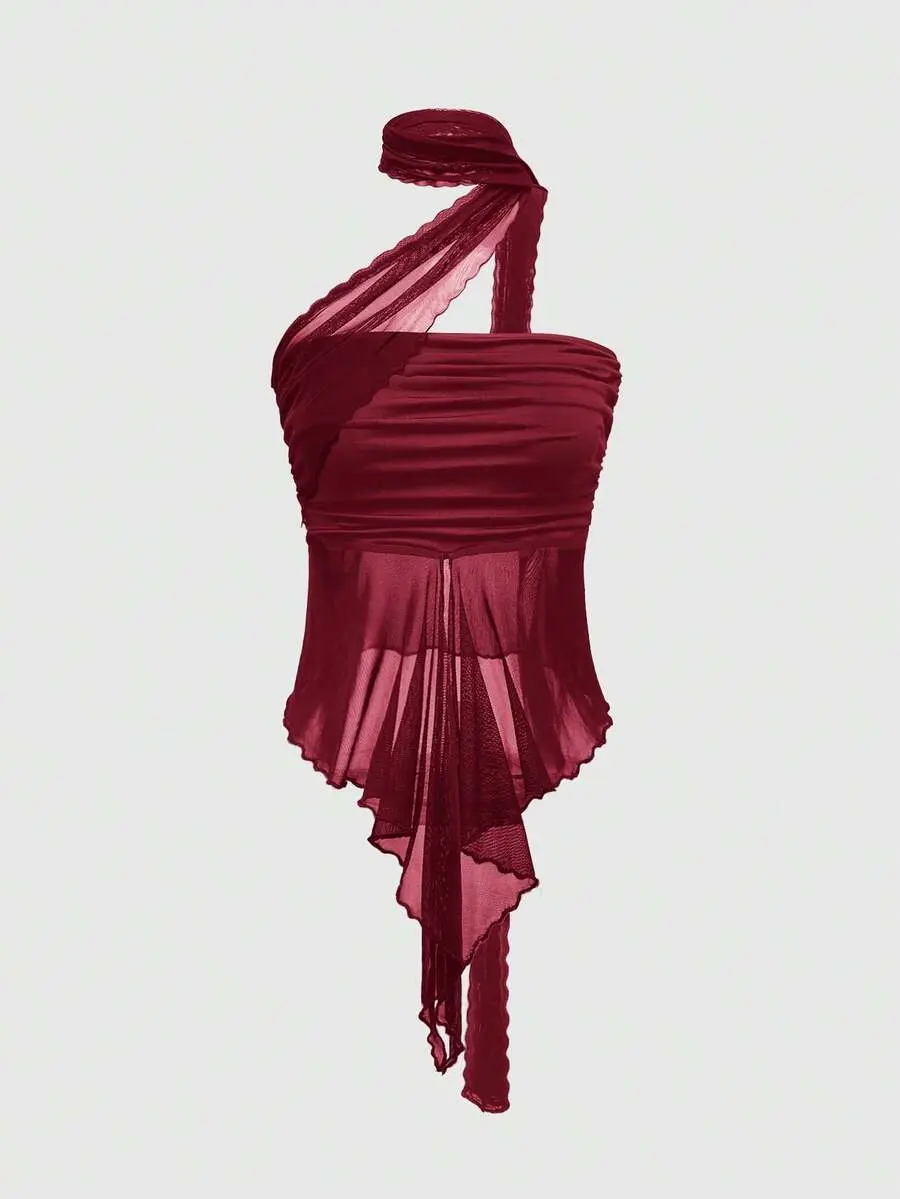 CROWNS Goth Spring Carnival Party Casual Red Y2K Style Modern Ruched Detachable Mesh Scarf Women's Bandeau Top