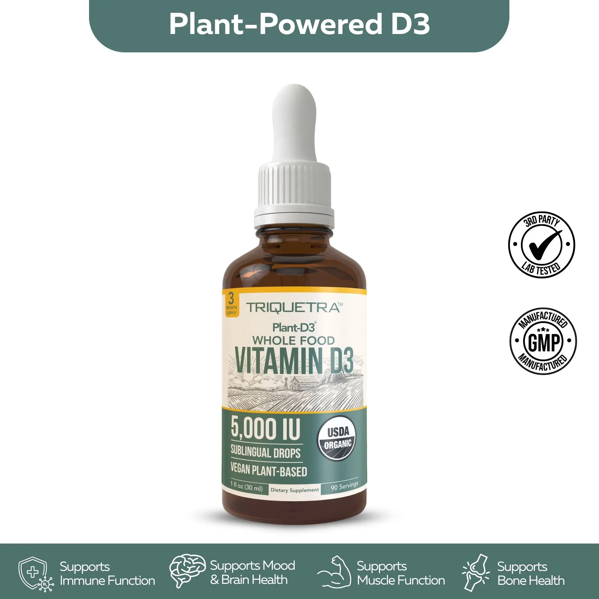 Plant-D3 Organic Vitamin D3 | 5000 IU – Vegan Liquid Drops for Max Strength & High Absorption  Adjustable Dosing (1 oz Liquid) Supplements Healthcare