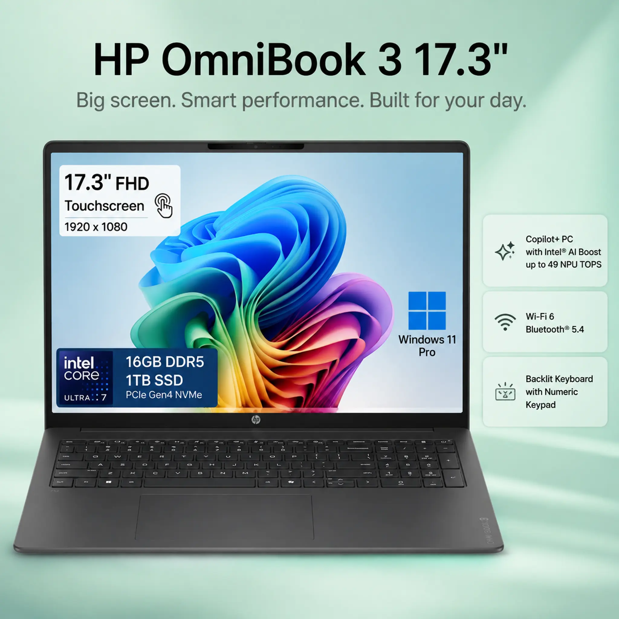 HP OmniBook 3 17.3" Touchscreen Laptop, Intel Ultra 7 355(Up to 4.7GHz), Copilot+ PC with 49 Tops NPU, 16 GB DDR5 RAM, 1TB SSD, FHD IPS Display, Backlit KB, Windows 11 Pro Business Laptop