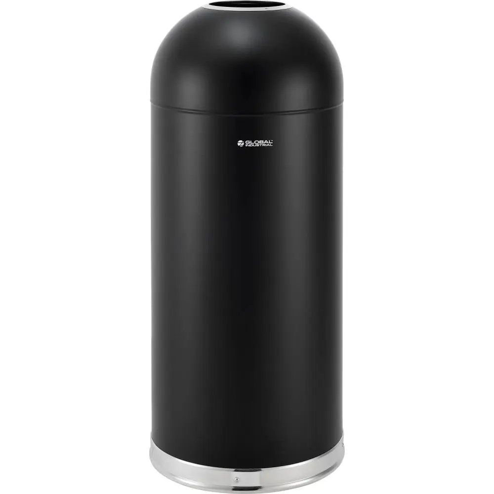 Global Industrial 641596BK Metal Dome Open Top Trash Can - 15 gal, Black, 15-3/8 in, 34-7/16 in, Effective Liner Compatible, Powder Coated Finish