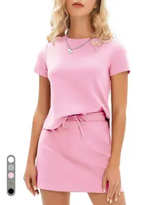 Women 2 Piece Skirt Set, 2026 Summer Ribbed Loungewear, Elastic Waist Skirt, Vacation Short Sleeve, Matching Lounge Set