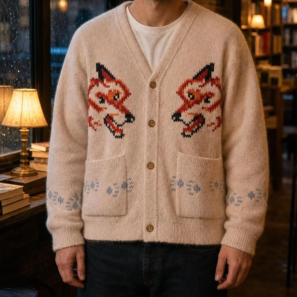 GEEKSOUTFIT Men's Casual Long Sleeve Fox Geek Space Rescue Mission Knit Cardigan Sweater - Menswear Tops, Back to School Essential, Knitwear