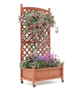 Gaomon 2-Pack Elevated Planter Box with Built-in Trellis, Locking Wheels, 29.5 in Solid Fir Rustic Deep Bed Raised Garden Bed with Drainage Holes for Patio, Balcony