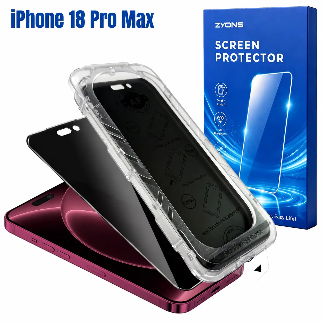 ZYONS 4-Way 360° Anti-Spy Privacy Tempered Glass Screen Protector for iPhone 18 Pro Max, iPhone 17 Pro Max, iPhone 16 Pro Max All Models, 2-Pack with Auto-Alignment Installation Tray, Bubble & Dust Free, 9H Hardness Scratch Resistant, Case-Friendly