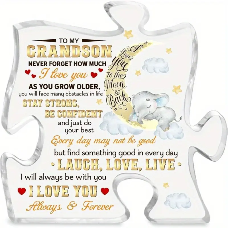 Grandson Gifts from Grandma & Grandpa, Grandson Puzzle Shape Acrylic Sign, To My Grandson Gift Ideas, Inspirational Gifts for Grandchild Teen Boy Son Kid, Birthday Gifts Graduation Keepsake