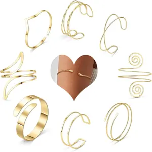 9 Pcs Arm Cuff Bracelets for Women Gold-color Upper Arm Band Bracelet Adjustable Open Cuffs Bangle Minimalist Coil Armband Gifts Set