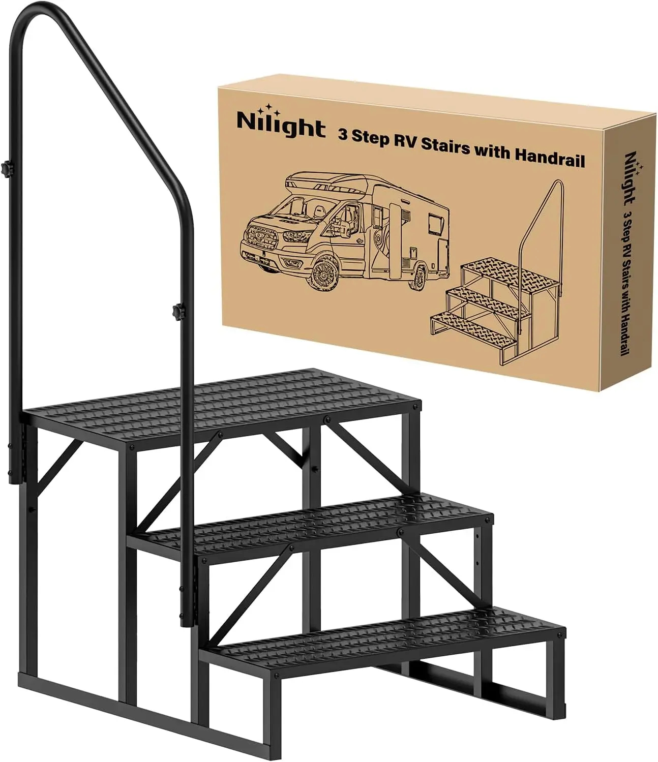 Nilight 3-Step Portable RV Stairs with Anti-Slip Handrail, Outdoor Hot Tub/Dock Entry Stairs for Camper Travel Trailers, 5th Wheel RV Porch & Mobile Motor Home Use, Three Steps