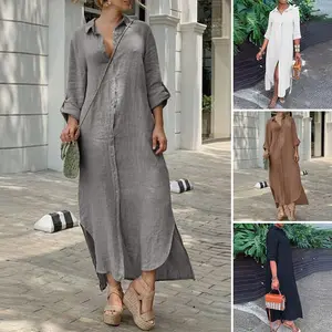 Summer solid color cotton linen shirt collar button-down long dress