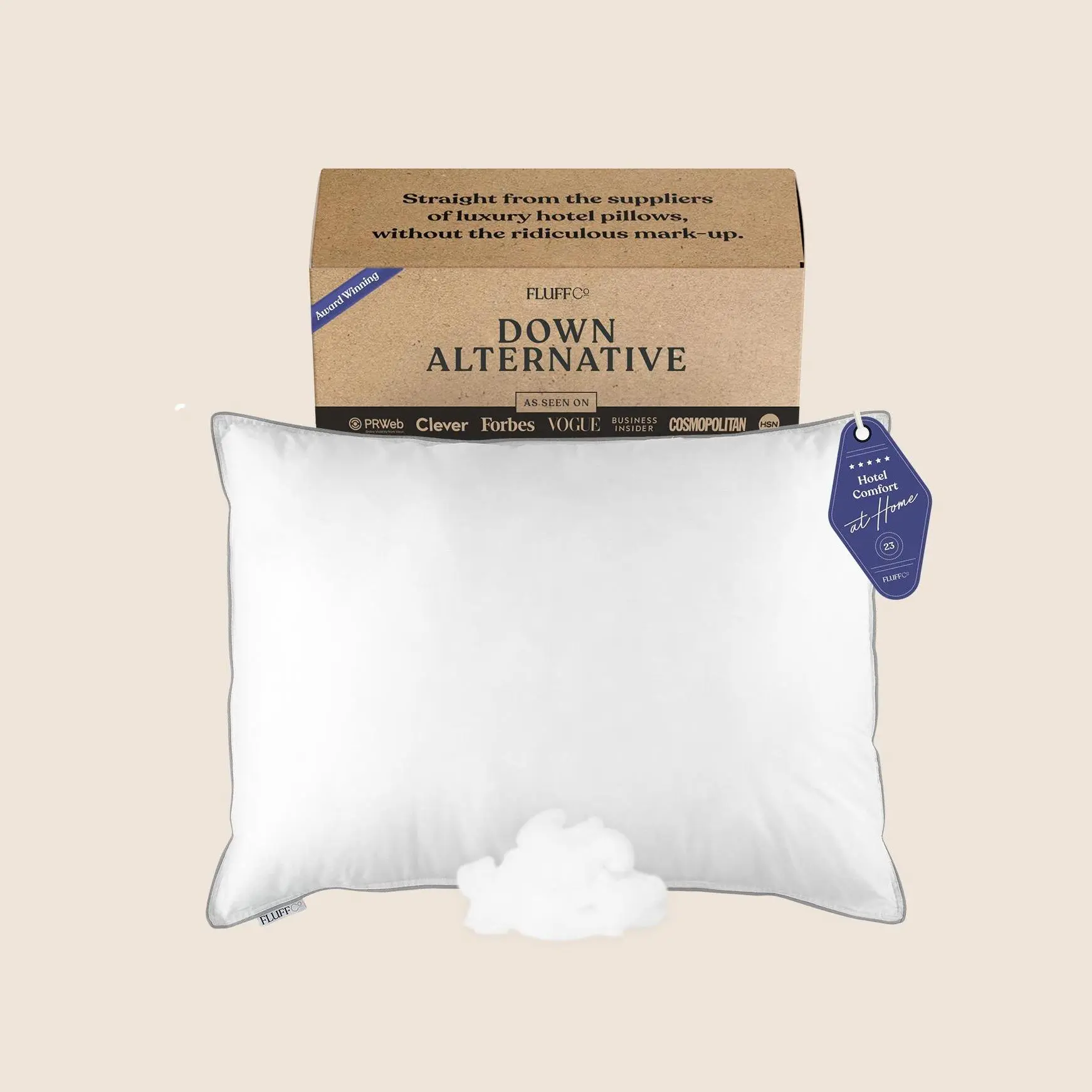 FluffCo Down Alternative Pillow – Hotel Quality Bed Pillow, Soft/Plush Support, 100% Cotton 300TC Cover, Vegan Microfiber Fill, Washable Sleep Cushion, Made in America