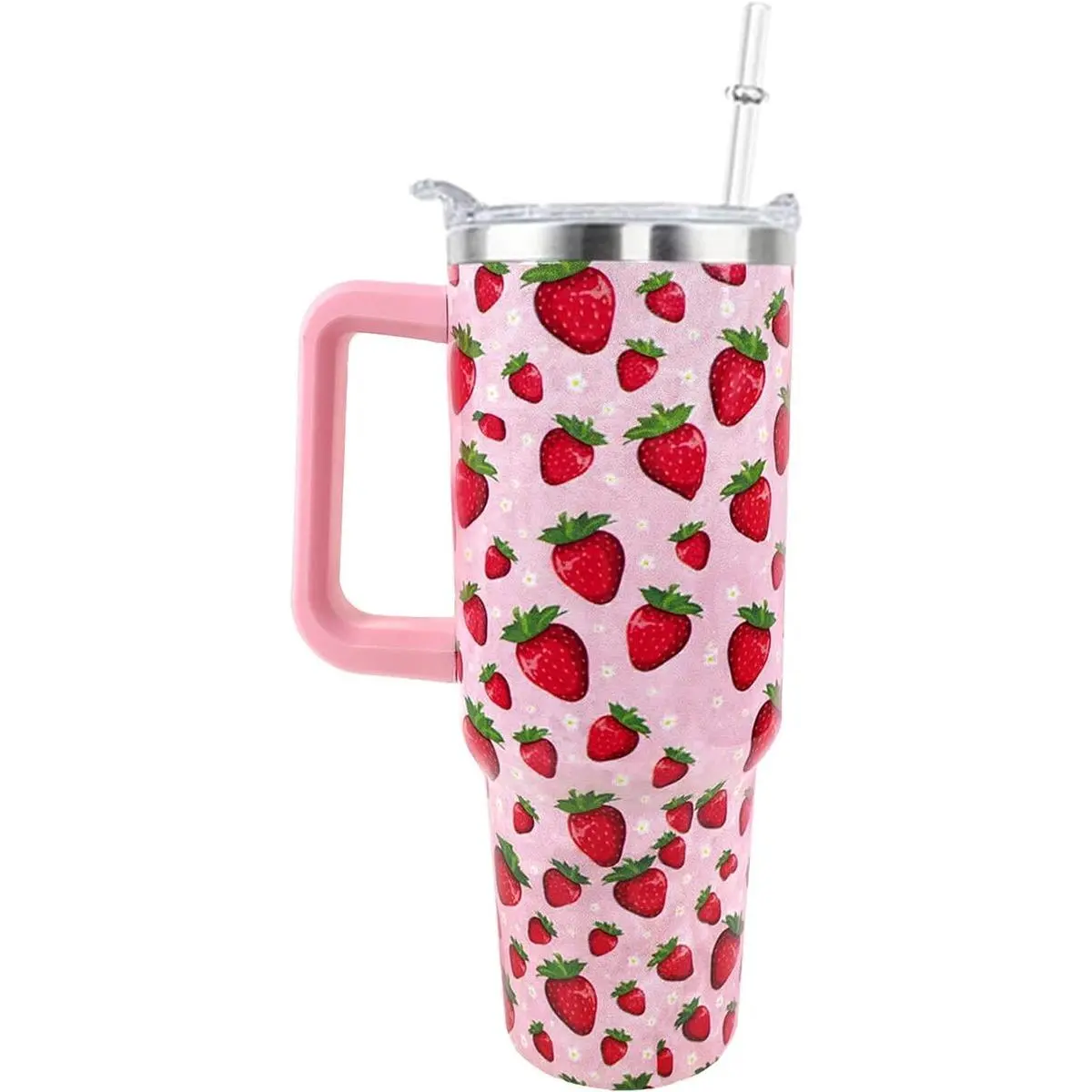 40 oz Stainless Steel Strawberry Traveler Tumbler - Leak-Proof Reusable Water Bottle, Portable Insulated Kitchen Drinkware with Handle, Straw Lid, for Hot/Cold Beverages, Women's Birthday Gift, Reusable Coffee Cup, Insulated Water Bottle, Water Bottles