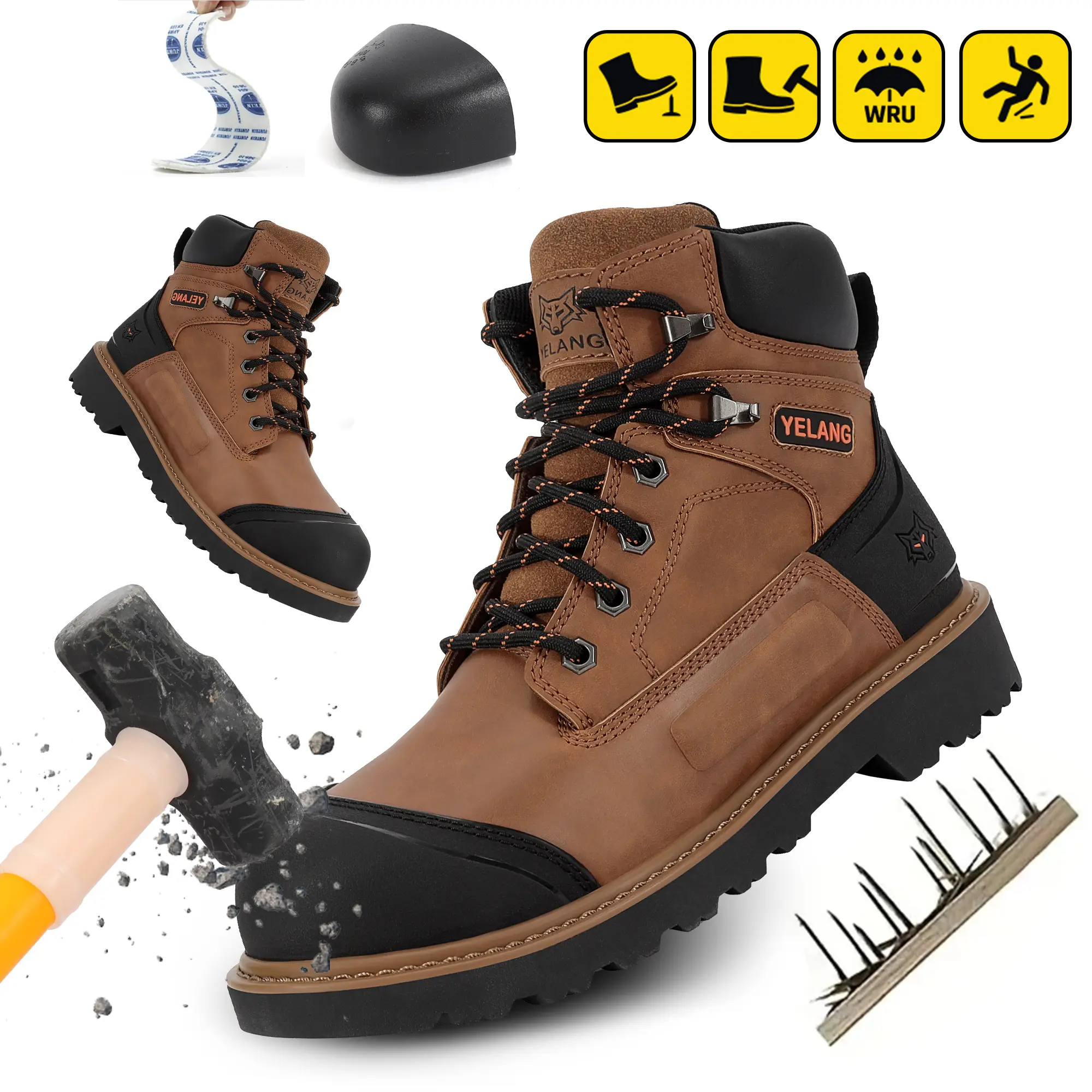 Steel Toe Work Boots for Men Non Slip Comfortable Leather 6 Inch Industrial & Construction Boots Puncture-Proof Outdoor Work Safety Boots Footwear