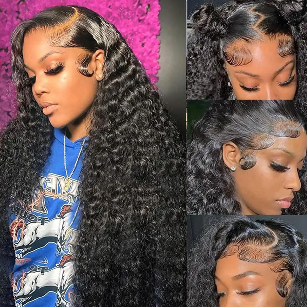 28 Inch Deep Wave Lace Front Wigs Human Hair 180% Density 13x4 HD Lace Frontal Wigs Human Hair Pre Plucked Deep Curly Glueless Wigs Human Hair for Women Natural Black