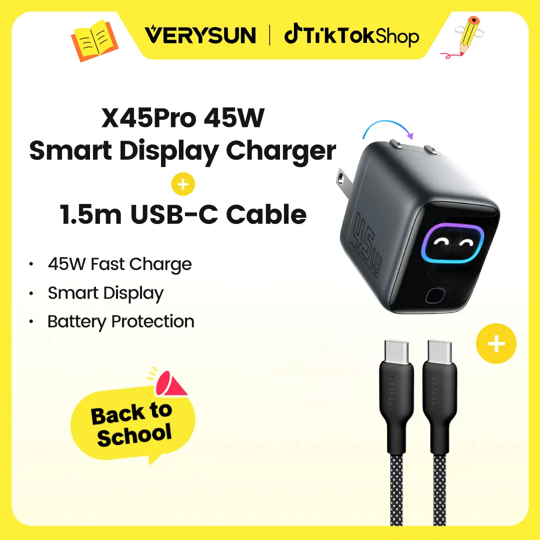 Verysun Smart Display Charger 45W Fast Charging with LED Display, 5ft USB-C to USB-C Cable Included, Switchable Charging Modes for Battery Health, Detect Your Device, Compact Foldable Plug, Emoji Animation, for iPhone, iPad, MacBook, Back to school