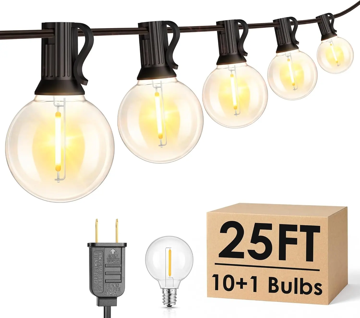 25FT G40 LED Outdoor String Lights, Plug-in Waterproof Patio Lights with 10+1 LED Bulbs, Porch Balcony Lights for Backyard Party Decor, Black