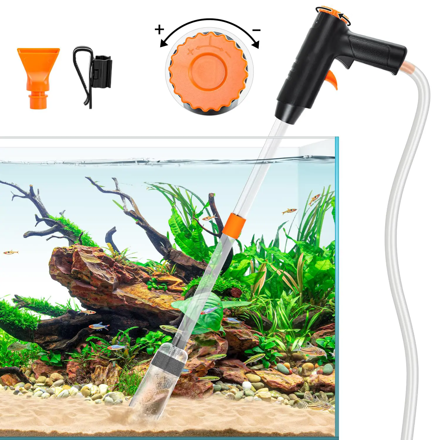 Manual Siphon Gravel Cleaner for Aquariums - 132GPH, 6ft Flexible Hose, Ergonomic Handgun Design, Innovative & Stylish Design, Adjustable Water Flow for Dirt Removal, Fish Tank Water Change Tool, 6-Foot Flexible Hose, Aquarium Gravel Cleaner