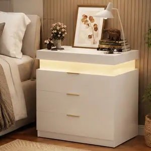 Nightstand with Charging Station and LED Lights, Bedside Table with Sliding Top Drawer, Modern End Side Table for Bedroom Living Room, White Particle Board, 28.8W x 17D x 30.5H, USB Ports and Power Outlets, White Color Options