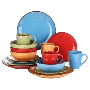 Vancasso Navia 16PC Stoneware Dinner Set for 4 - Speckled Spray Spot Pattern with 4 Dinner Plates, 4 Side Plates, 4 Bowls and 4 Mugs Tableware