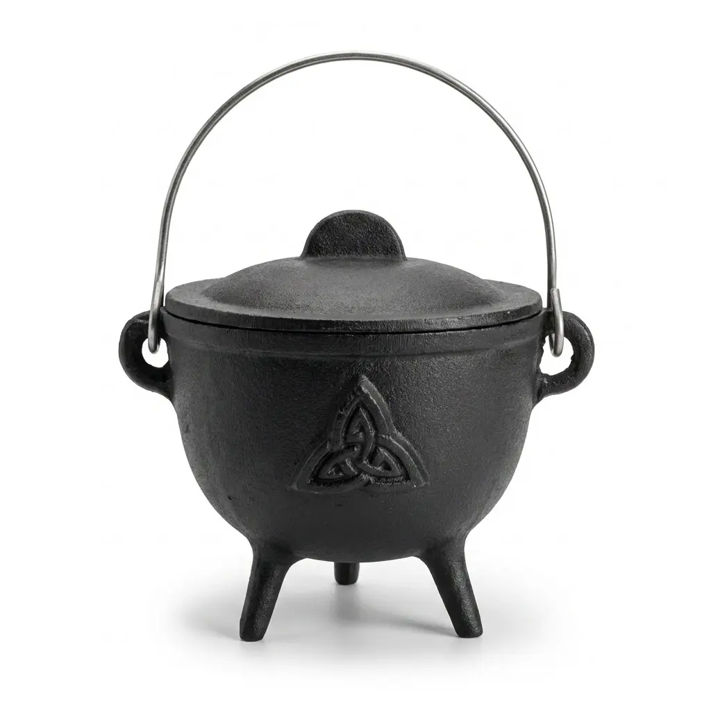 Triquetra Cast Iron Cauldron 4.5 Inch with Lid — Celtic Witch Altar Cauldron