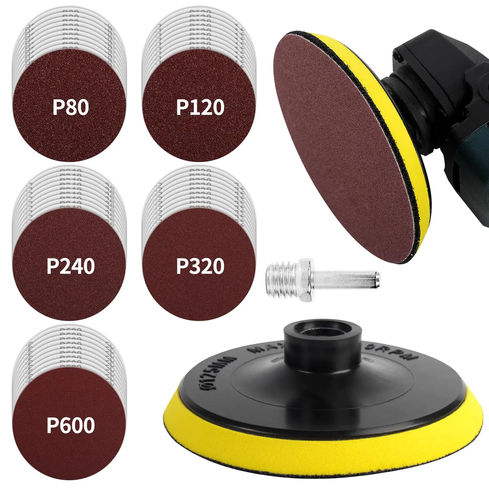 5 Inch Hook and Loop Backing Pad with 50Pcs Sanding Discs,Angle Grinder Attachments with 5/8-11 Threads,Sanding Pad for Wood Buffing Polishing(80/120/240/320/600 Grit)