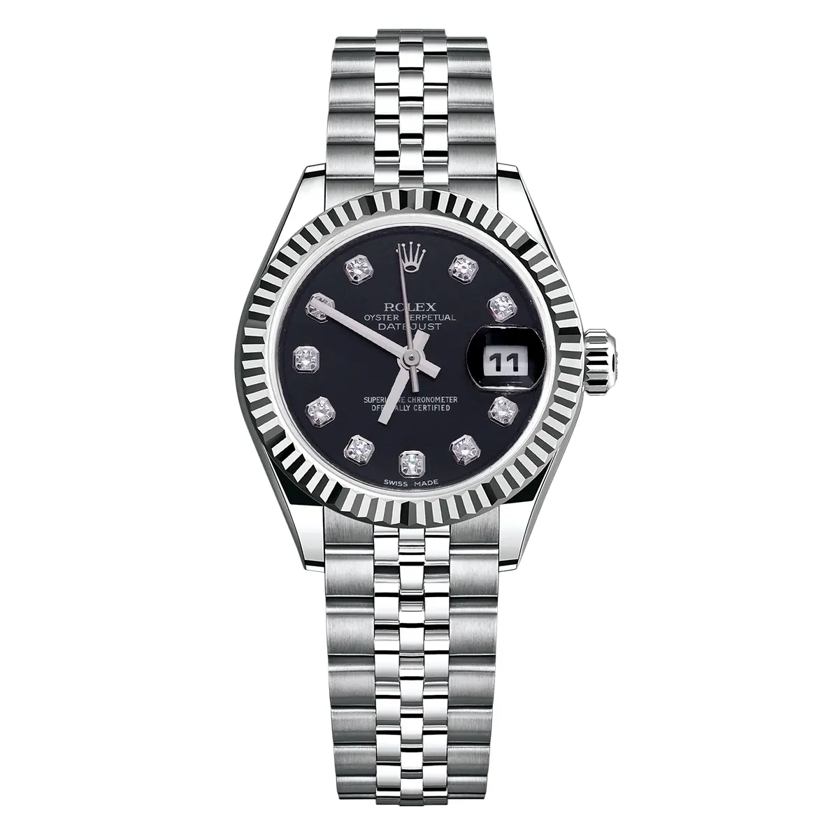 Rolex Lady-Datejust 26mm Stainless Steel & 18K White Gold Fluted Bezel Black Diamond Dial 179174 WHP043337