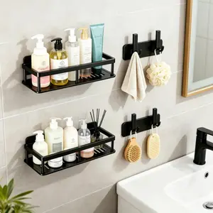 2-Pack Hollow Corner Shower Caddy, No-Drill Adhesive Wall-Mounted Bathroom Organizer Shelves with 2 Removable Hooks for Bathroom, Kitchen
