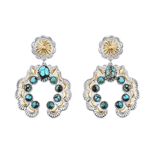 Artisan Crafted Sleeping Beauty Turquoise 3.65 ctw Native American Concho Earrings in 18K Yellow Gold and Rhodium Over Sterling Silver Christmas Gifts