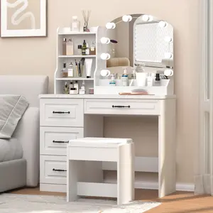 Vabches Makeup Vanity Desk with Lights and Charging Station, White Vanity Set Makeup Table with 4 Drawers Lots Storage, 3 Lighting Colors, Large Size 39.4in(W)
