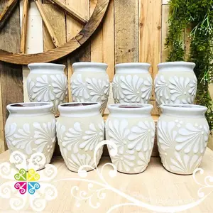 Set of White Espiga Plumeado Cantarito Cup - Set Clay Cantarito- 5 de Mayo - Mexican Authentic Cup - Cielito Lindo Theme