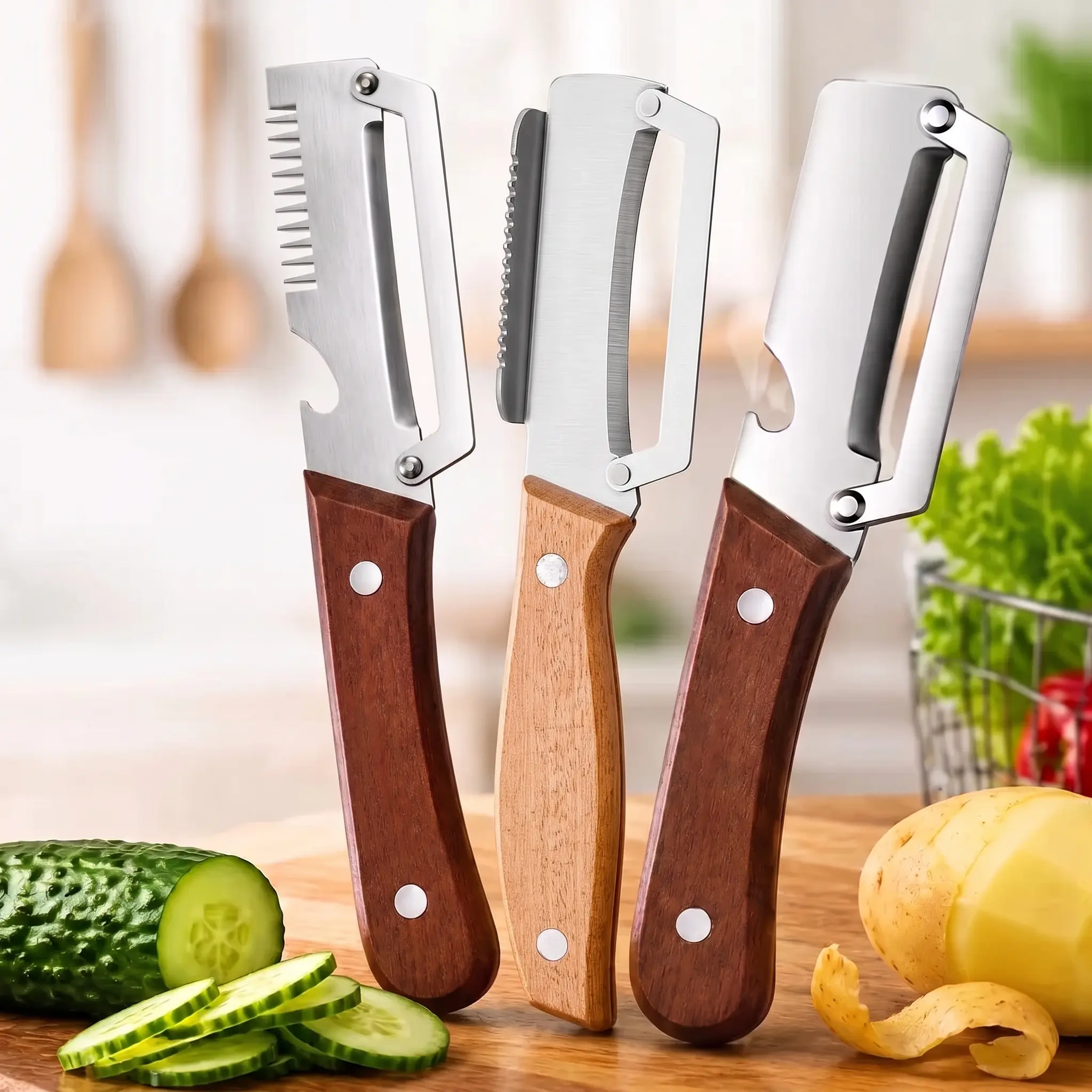 3 PCS Wood Handle Multifunction Kitchen Peeler – Peel, Slice, Scrape, Fish Scale Scraper & Bottle Opener Tool