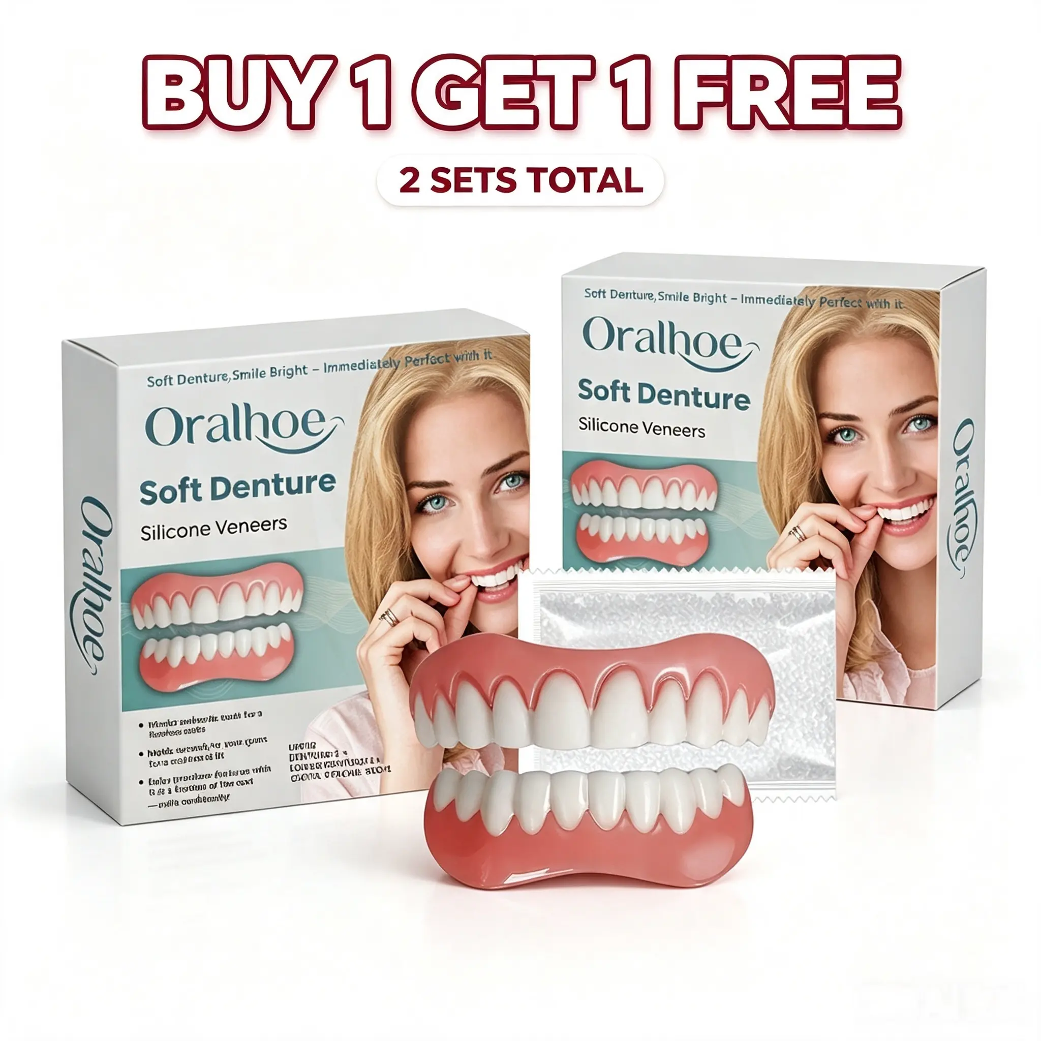 Oralhoe Cosmetic False Teeth Kit includes comfortable removable teeth covers to improve smile appearance for social use. Exclusive offer: Buy 1 Get 1 Free, 2 sets. This product relines loose dentures and cannot be used as independent dentures.